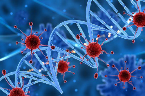 3d virus cells attacking DNA strand